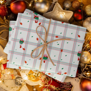 Hoja De Papel De Regalo Ovejas y piñas de invierno adorables en cuadros de
