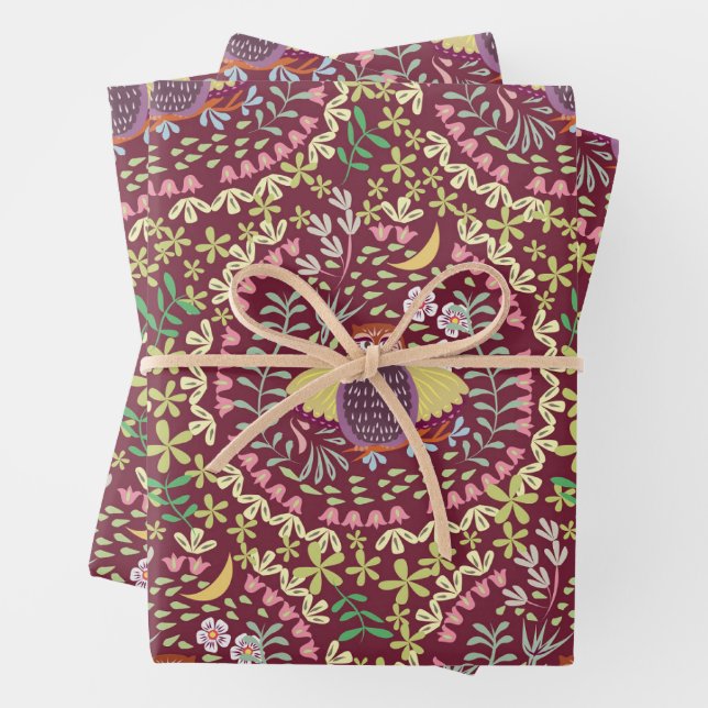 Hoja De Papel De Regalo Owl Folk Wine Red (In situ)