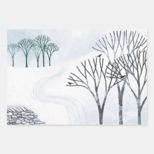 Hoja De Papel De Regalo Paintaje paisajístico de nieve de invierno