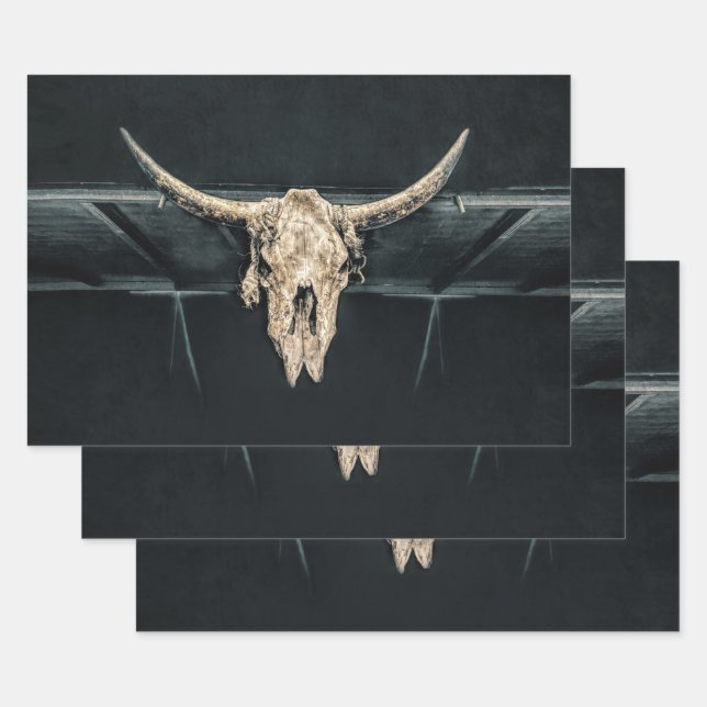 Hoja De Papel De Regalo País occidental Beige Gray Rústico Bull Cow Skull (Set)