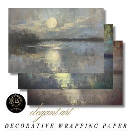 Hoja De Papel De Regalo Paisaje Acuarela Bajo la Luz de la Luna