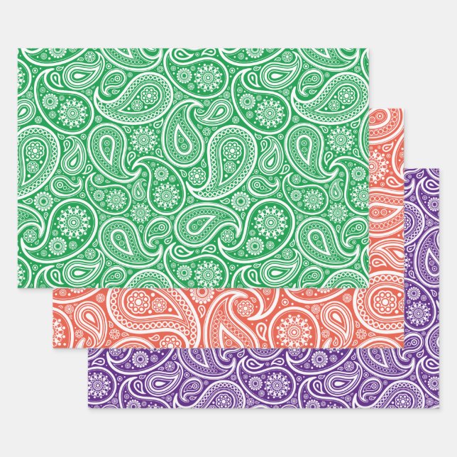 Hoja De Papel De Regalo Paisaje de época sobre naranja, verde y violeta (Set)
