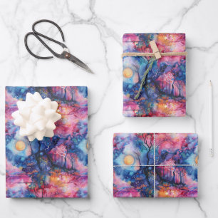 Hoja De Papel De Regalo Paisaje de hadas azul rosa