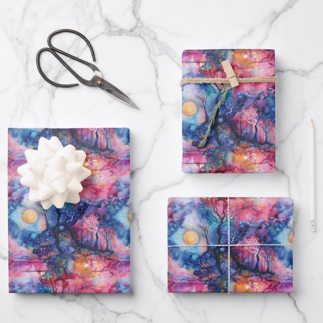 Hoja De Papel De Regalo Paisaje de hadas azul rosa (Anverso)