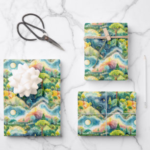 Hoja De Papel De Regalo Paisaje de hadas verde naranja