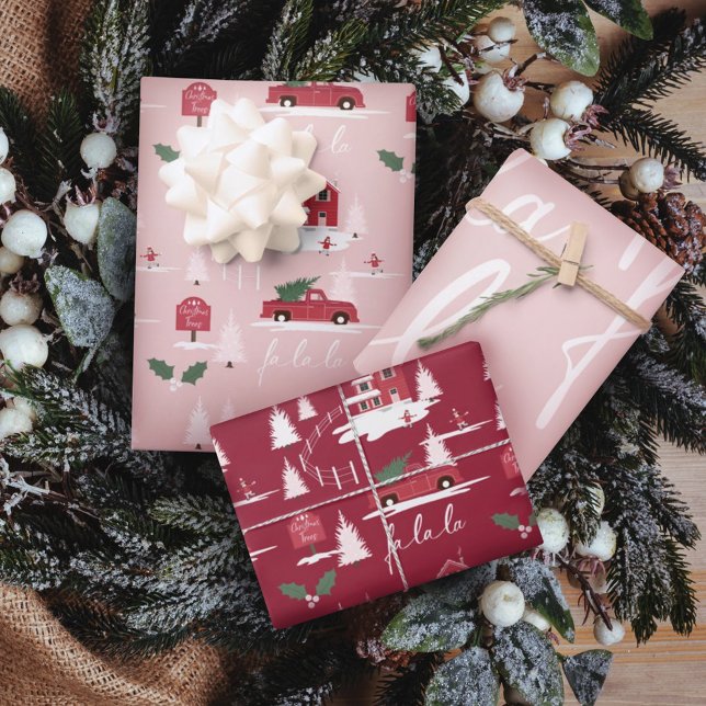 Hoja De Papel De Regalo Paisaje de la granja de árboles de navidad rosada (Pink Vintage Christmas Tree Farm Scenery Wrapping Paper Sheets)