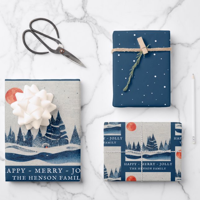 Hoja De Papel De Regalo Paisaje invernal Bosque Moon Navy Dibujo Azul (Anverso)