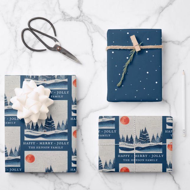 Hoja De Papel De Regalo Paisaje invernal Bosque Moon Navy Dibujo Azul (Anverso)
