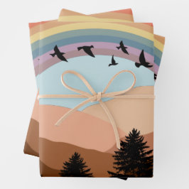 Hoja De Papel De Regalo Paisaje Resumen Árboles forestales Arcoiris y Aves