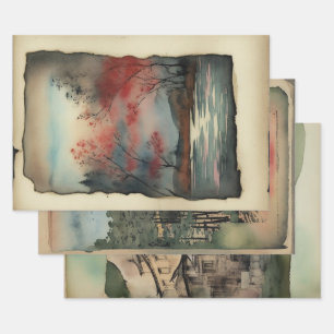 Hoja De Papel De Regalo Paisaje tradicional japonés Paint ephemema No8