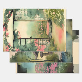 Hoja De Papel De Regalo Paisaje tradicional japonés Paint ephemera No10