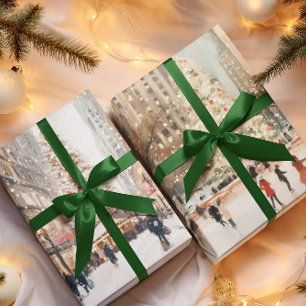 Hoja De Papel De Regalo Paisaje urbano romántico de invierno patinaje sobr