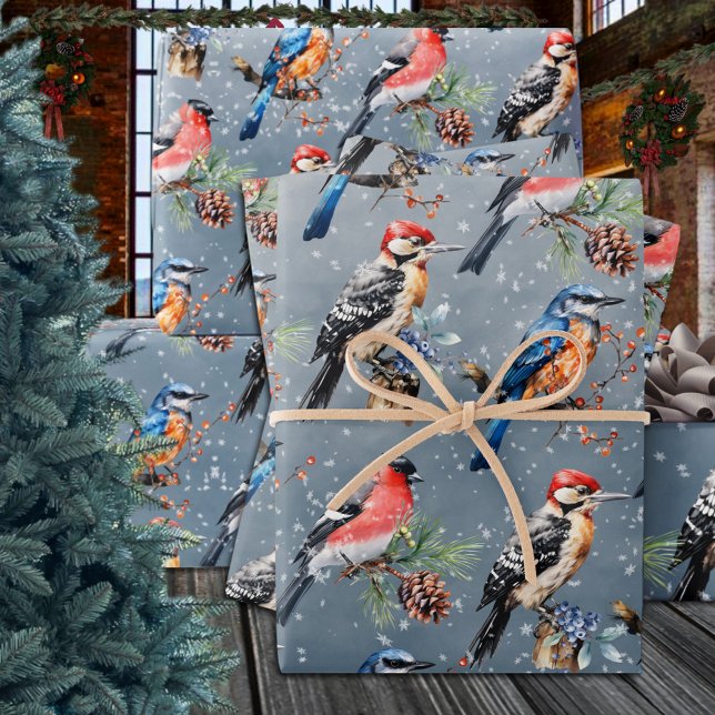 Hoja De Papel De Regalo Pájaro carpintero Bullfinch Blue Bird First Winter (Woodpecker Bullfinch Blue Bird First Winter Snow Wrapping Paper Sheets Trio)