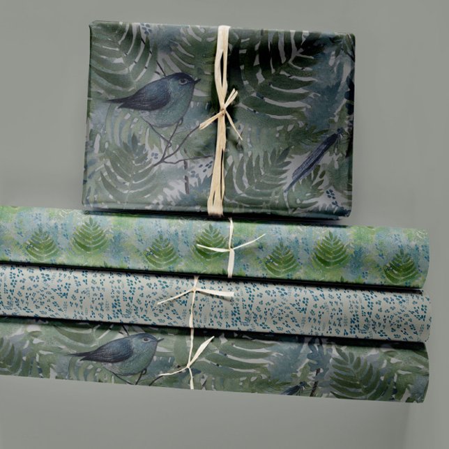 Hoja De Papel De Regalo Pájaro Frena Dragonflies Decoupage inspirada en la (Bird Ferns Dragonflies Nature-Inspired Wrapping Paper Sheets from Studio Posies.)