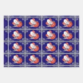 Hoja De Papel De Regalo Pájaro rojo sobre azul-rojo personalizado y plata