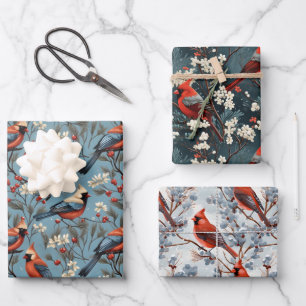 Hoja De Papel De Regalo Pájaros Cardenales Rojos Baya de Invierno