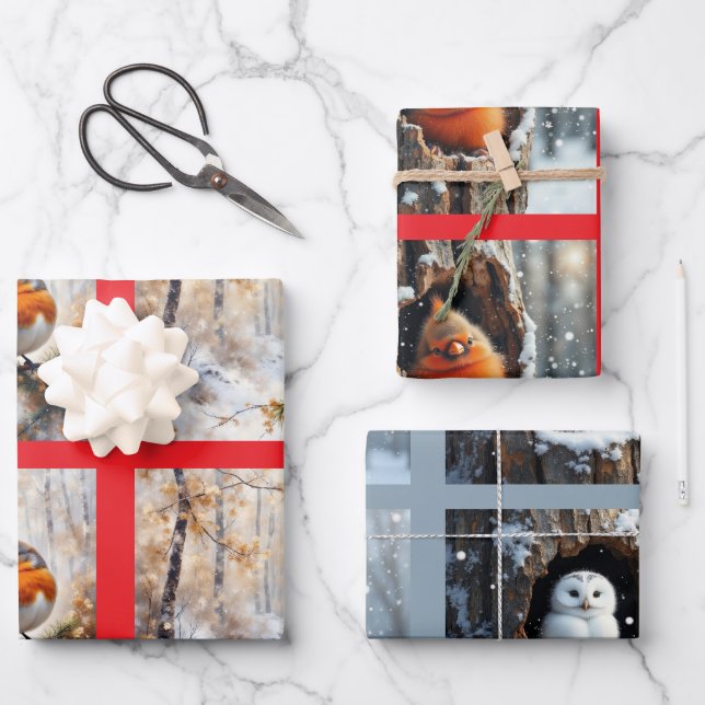 Hoja De Papel De Regalo Pájaros de Invierno Natural (Anverso)