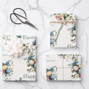 Hoja De Papel De Regalo Pájaros de Pascua y huevos de pastel Floral acuare
