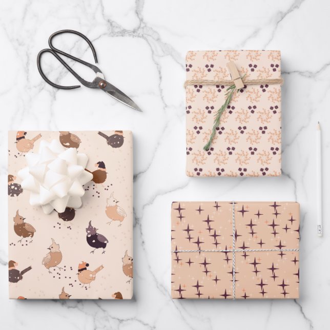 Hoja De Papel De Regalo pájaros navidades, estrellas y bayas sobre la luz (Anverso)