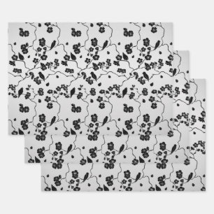 Hoja De Papel De Regalo Pájaros y flores de cerezo con patrón negro sobre