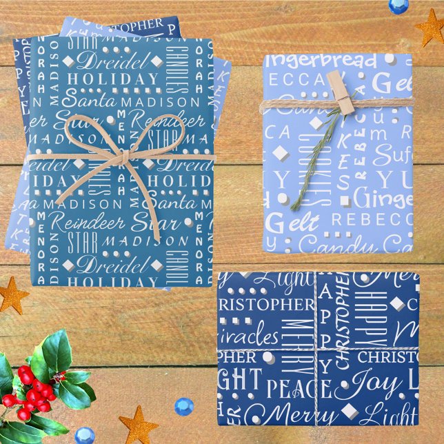 Hoja De Papel De Regalo Palabras de vacaciones interreligiosasArt Blanco s (Add your child's name to this fun interfaith gift wrap celebrating Christmas and Hanukkah together)