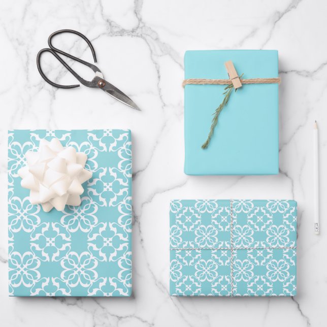 Hoja De Papel De Regalo Pale Robin's Egg Blue & White Floral Lattice  (Anverso)