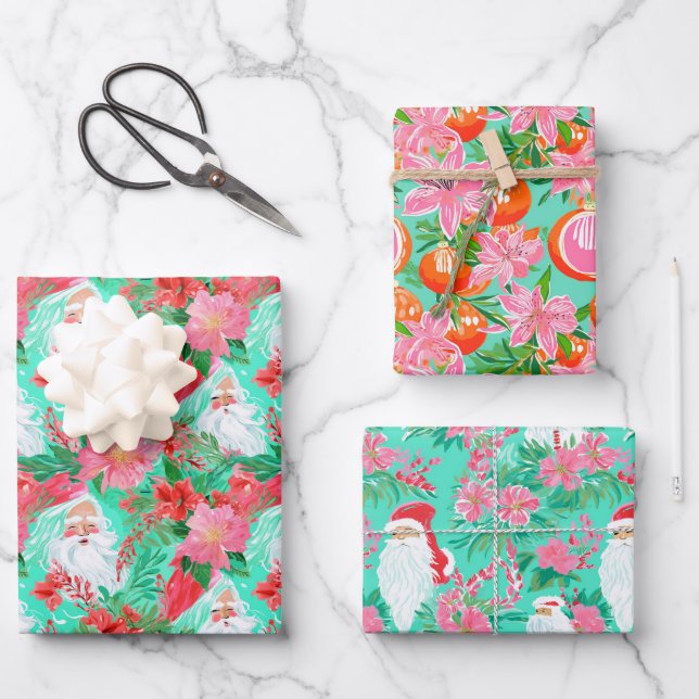 Hoja De Papel De Regalo Palm Beach Navidades acuarela rosa y verde (Anverso)