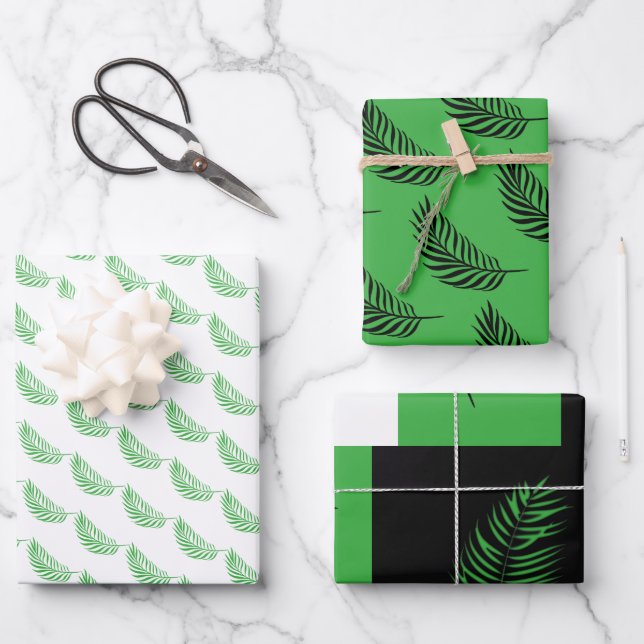 Hoja De Papel De Regalo Palm/Fern Fronds Verde Y Negro (Anverso)
