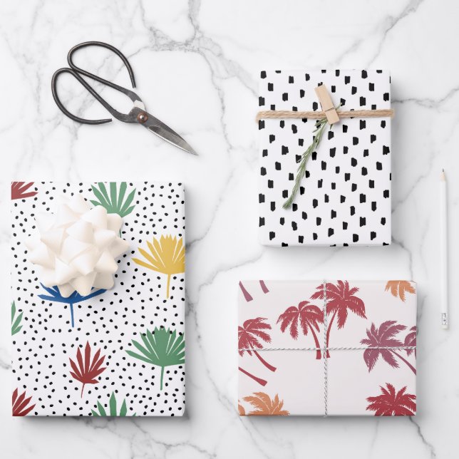 Hoja De Papel De Regalo Palm Treds, Palm Fronds y Black Hand Drawn Dots (Anverso)