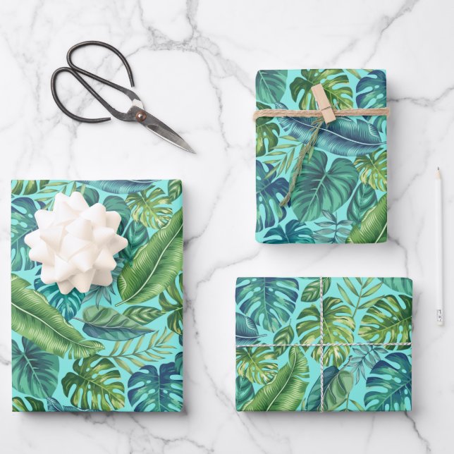 Hoja De Papel De Regalo Palm tropical verde y Verde azulada Banana Monster (Anverso)