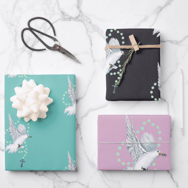 Hoja De Papel De Regalo Paloma blanca con rosario (Anverso)