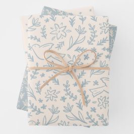 Hoja De Papel De Regalo Paloma Caprichosa y Flores Símbolo Religioso Azul