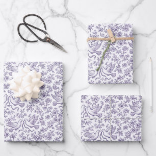 Hoja De Papel De Regalo Palomas de boda moradas con cintas y flores