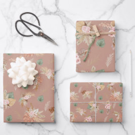 Hoja De Papel De Regalo Pampas Grass & Flowers en Pinkish Brown