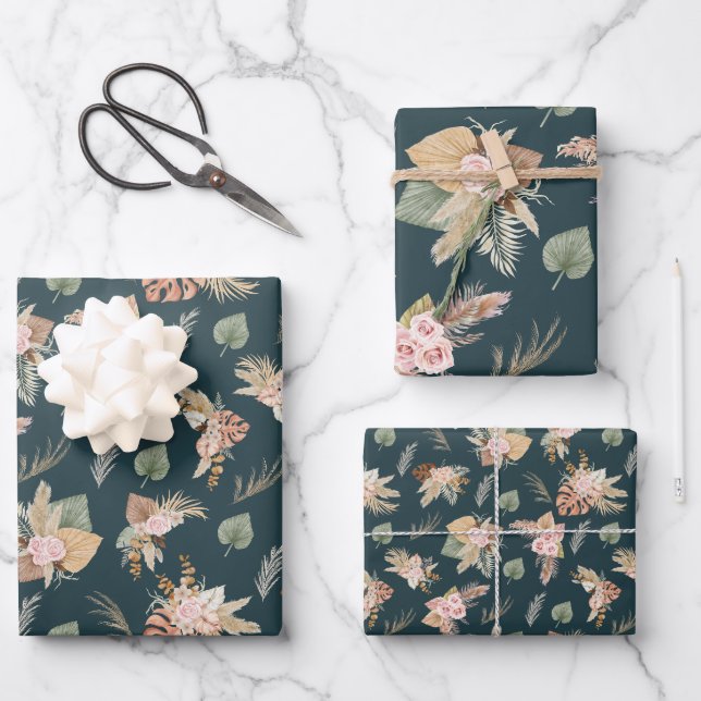 Hoja De Papel De Regalo Pampas hierba y flores en Verde azulado oscuro (Anverso)