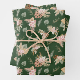 Hoja De Papel De Regalo Pampas hierba y flores en verde oscuro