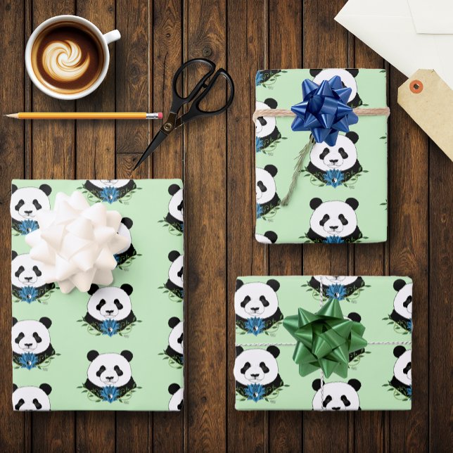Hoja De Papel De Regalo Panda Bear Lotus Flowers Blue (Subido por el creador)