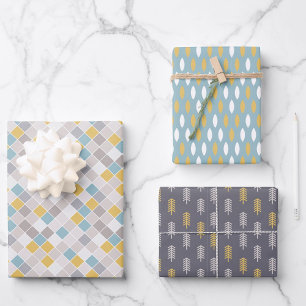 Hoja De Papel De Regalo Pantone Gray Gold Blue conjunto de 3 hombres
