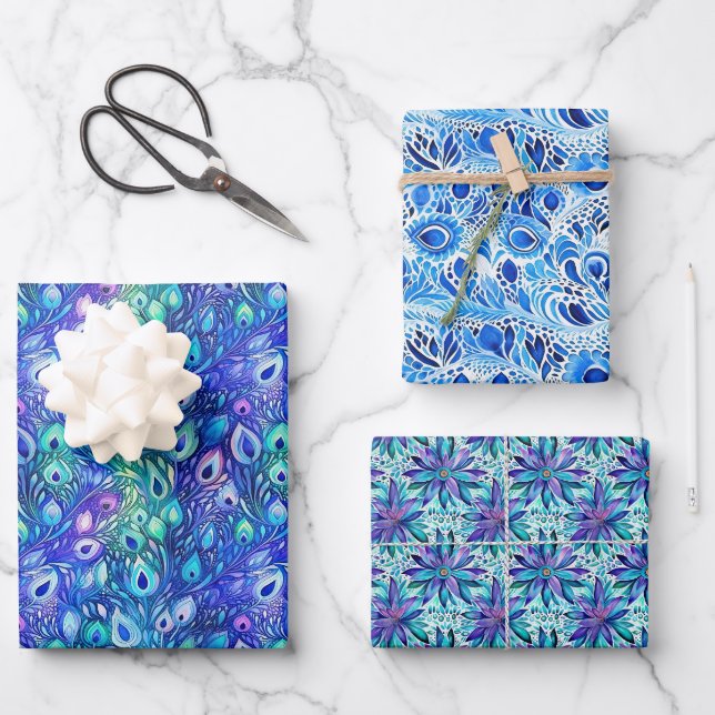 Hoja De Papel De Regalo Pañuelas de pavo real morado azul (Anverso)