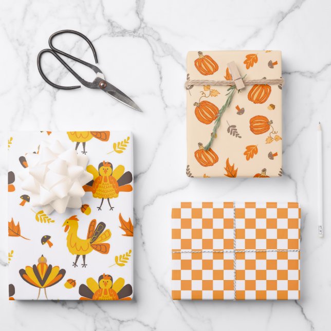 Hoja De Papel De Regalo Pañuelos de otoño y calabazas (Anverso)
