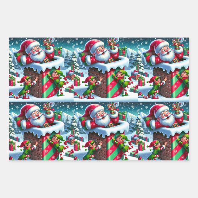 Hoja De Papel De Regalo Papá Noel atrapado en una chimenea con elfos jugue (Anverso)
