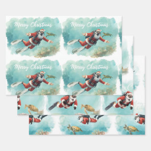 Hoja De Papel De Regalo Papá Noel Buceador Navidad Subacuática