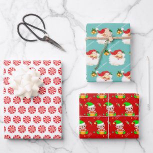 Hoja De Papel De Regalo Papá Noel, caramelos de menta, duende de Navidad e