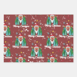 Hoja De Papel De Regalo Papá Noel entre Estrellas y Árboles