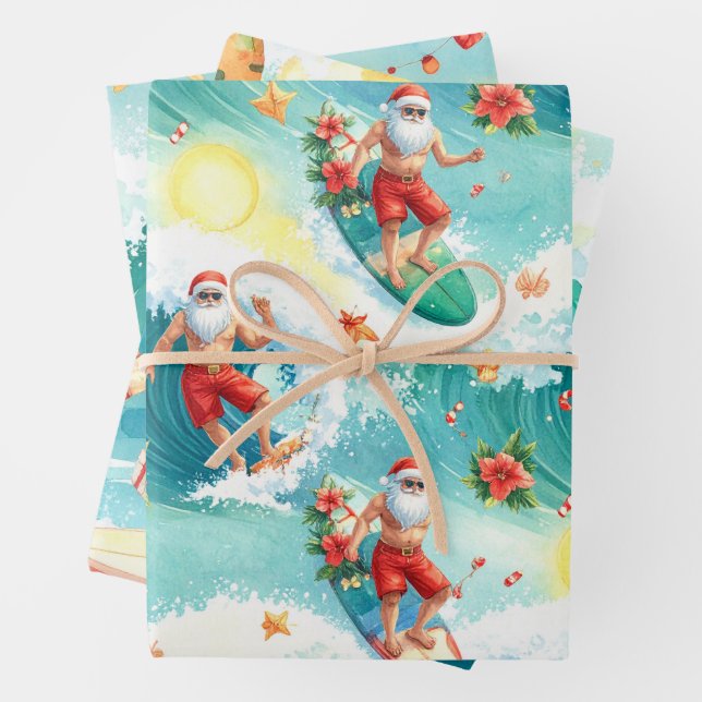 Hoja De Papel De Regalo Papá Noel surfista  (In situ)