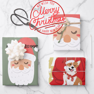 Hoja De Papel De Regalo Papá Noel y el perro Navidad divertido Rojo y verd
