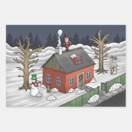 Hoja De Papel De Regalo Papá Noel y la pequeña casa roja