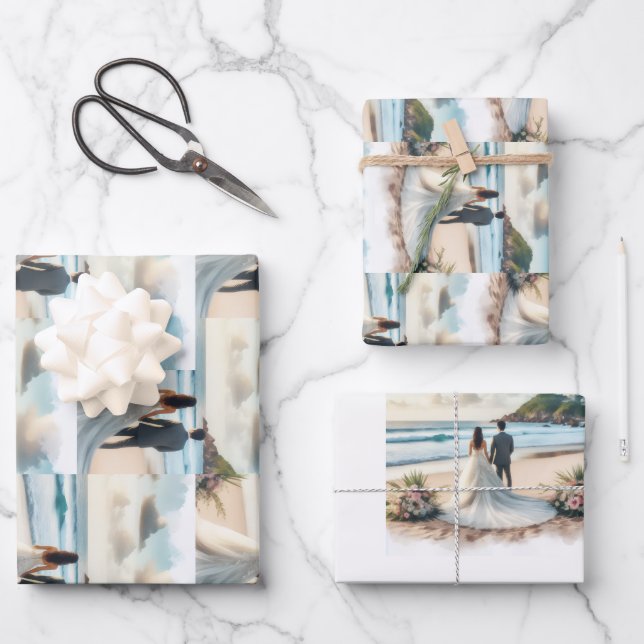 Hoja De Papel De Regalo Pareja de Playa de Boda (Anverso)