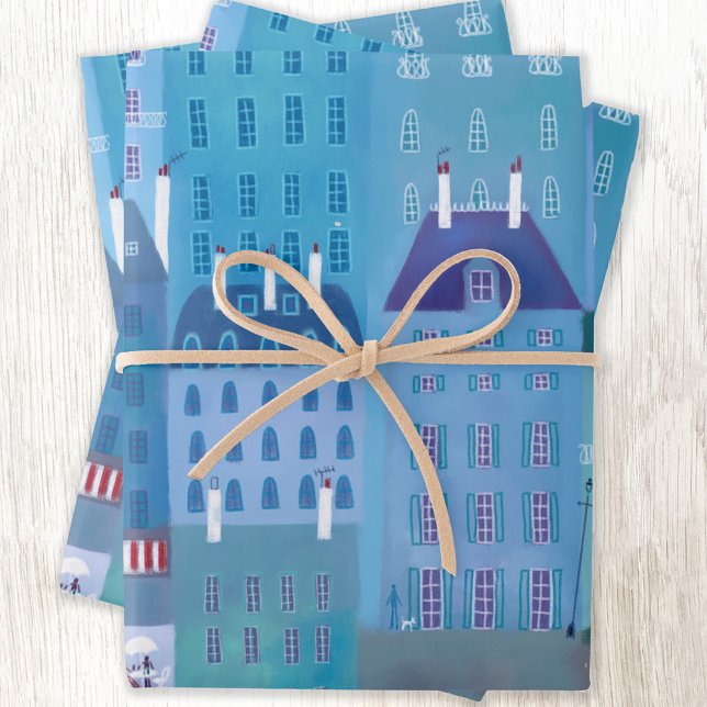 Hoja De Papel De Regalo Paris Blues Cityscape Painting Francia (Paris France pattern gift wrapping paper )