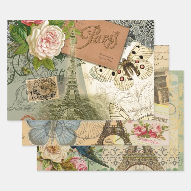 Hoja De Papel De Regalo Paris France Antique Artwork Collage Eiffel French (Set)